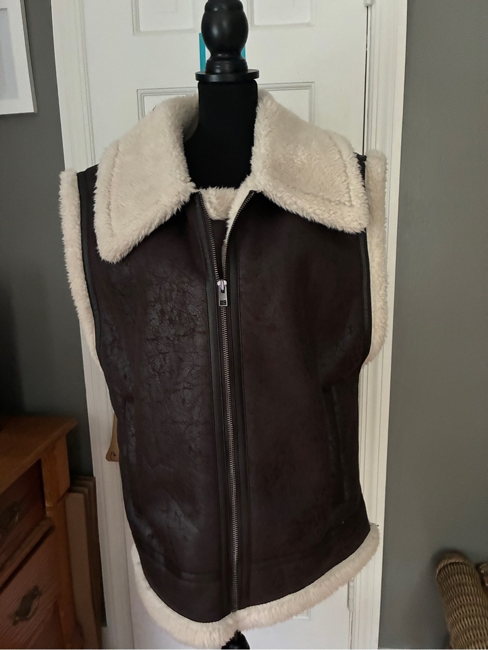 aerie Brown Faux-Shearling Zip Vest with Cream Collar
